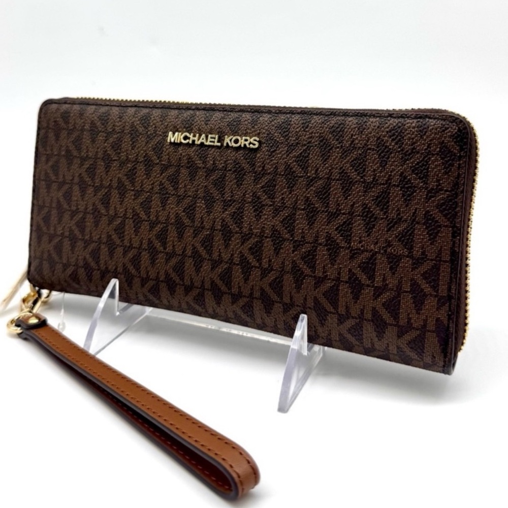 Michael Kors Large Jet Set Travel Signature Continental Wallet Wristlet Brown
